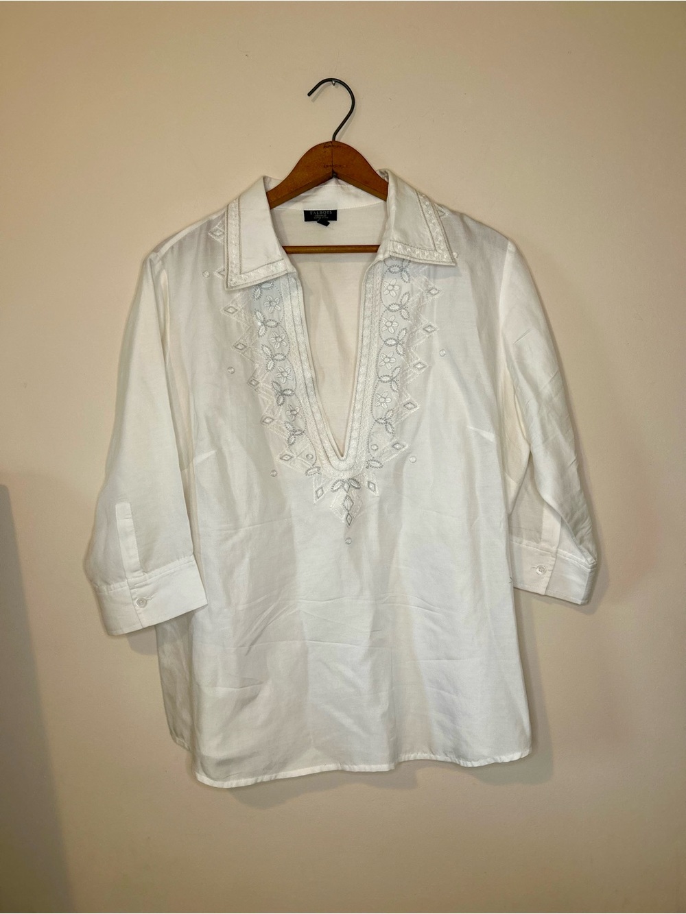 Talbots Cotton Silk Embroidered Tunic Blouse White Plus 12W Flaw Coastal Boho